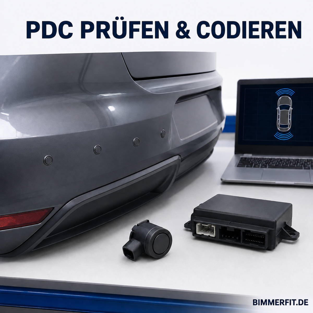 BMW PDC mit vier Ultraschallsensoren, Steuergerät und Diagnose-Laptop prüfen