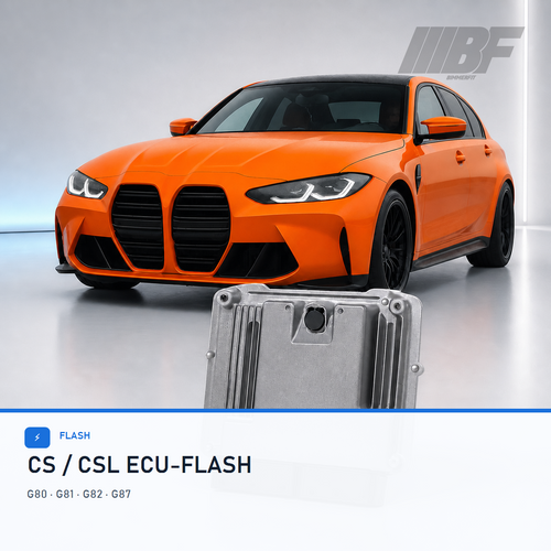 Orangefarbene BMW G8x Limousine mit Steuergerät im hellen Studio