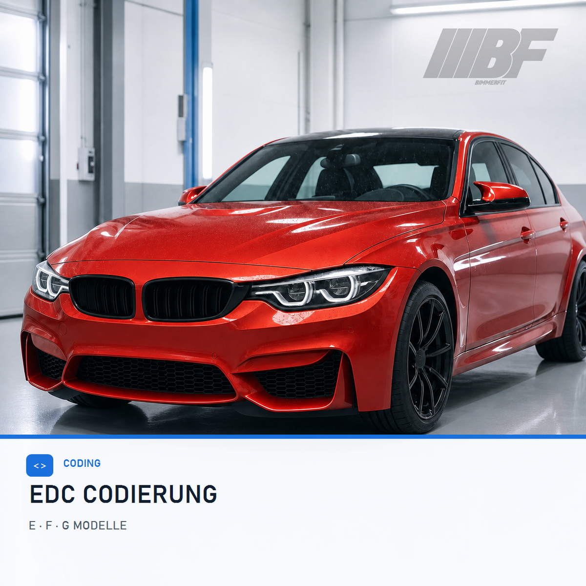 Roter BMW der F-Serie im hellen Werkstattstudio für EDC-Codierung