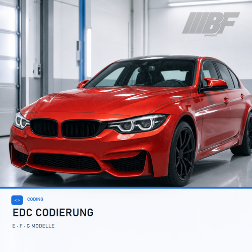 Roter BMW der F-Serie im hellen Werkstattstudio für EDC-Codierung