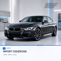 BMW Importfahrzeug mit Japan-, Korea- und Deutschland-Flaggen