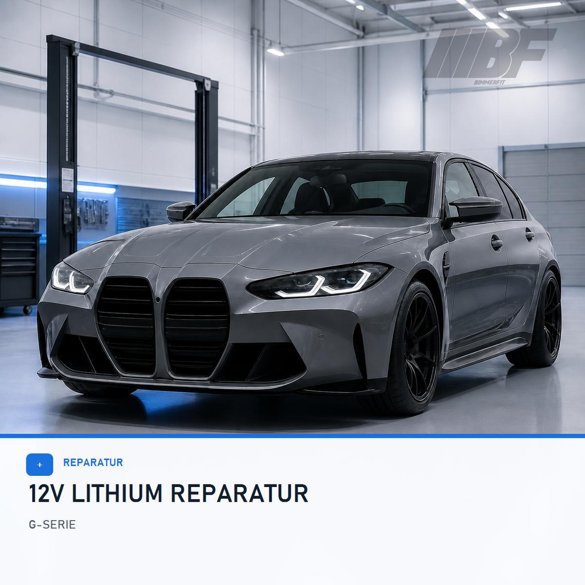 Grauer BMW M3 G80 im hellen Werkstattstudio