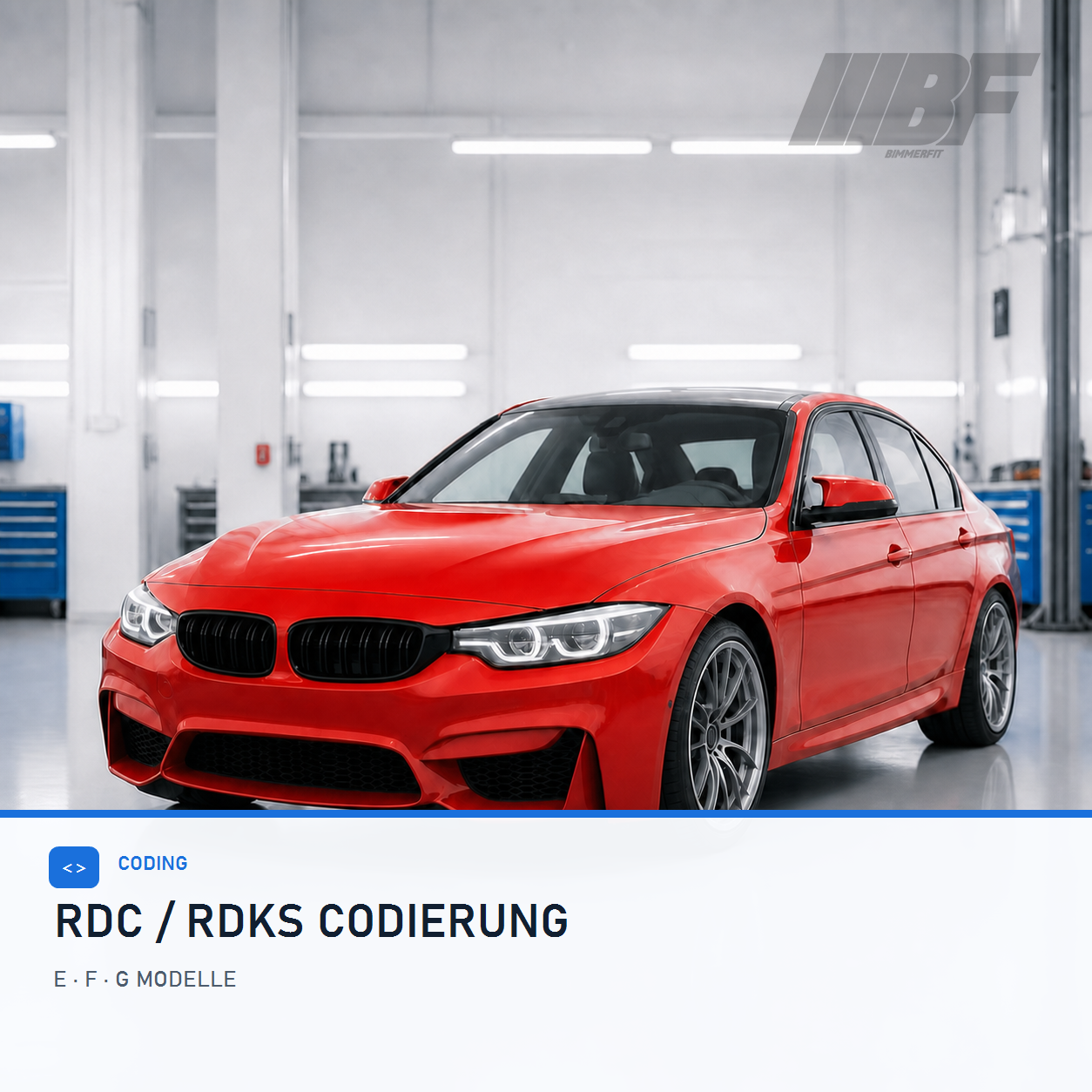 Roter BMW der F-Serie im hellen Werkstattstudio für RDC-Codierung