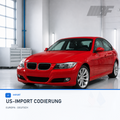 Roter BMW E90 mit US- und EU-Flagge für Importcodierung
