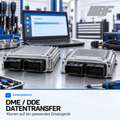 Illustration des Bimmerfit DME-/DDE-Datentransfers im Reparaturfall: zwei generische Motorsteuergeräte als Original und passendes Ersatzgerät auf einem Werkstatttisch.