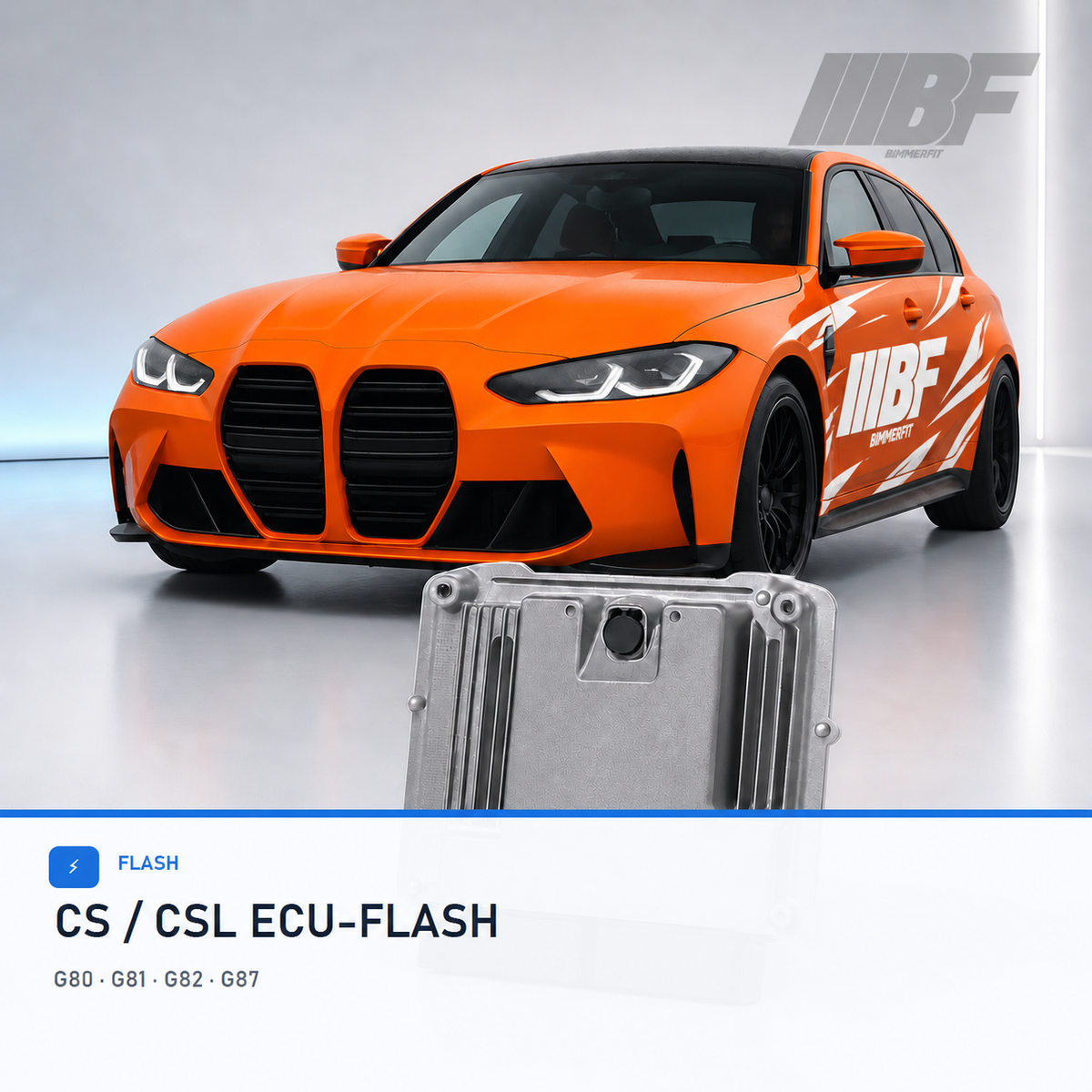 Orange BMW G8x sedan with a control unit in a bright studio, Bimmerfit logo and black-and-white side graphics