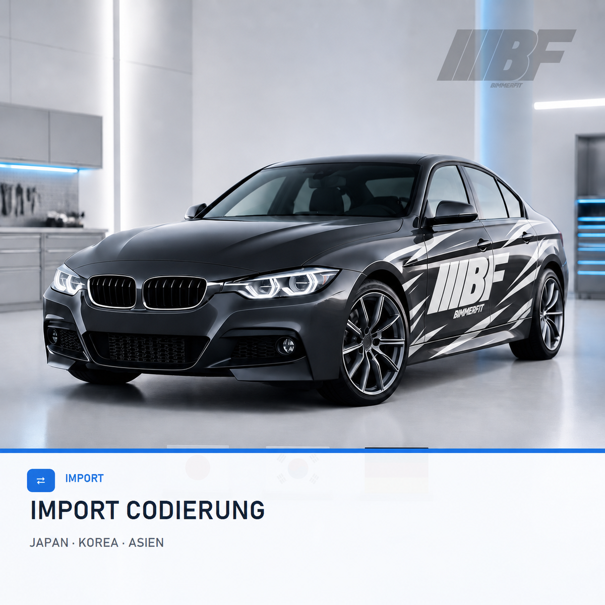 BMW import vehicle with Japanese, Korean and German flags, Bimmerfit logo and black-and-white side graphics