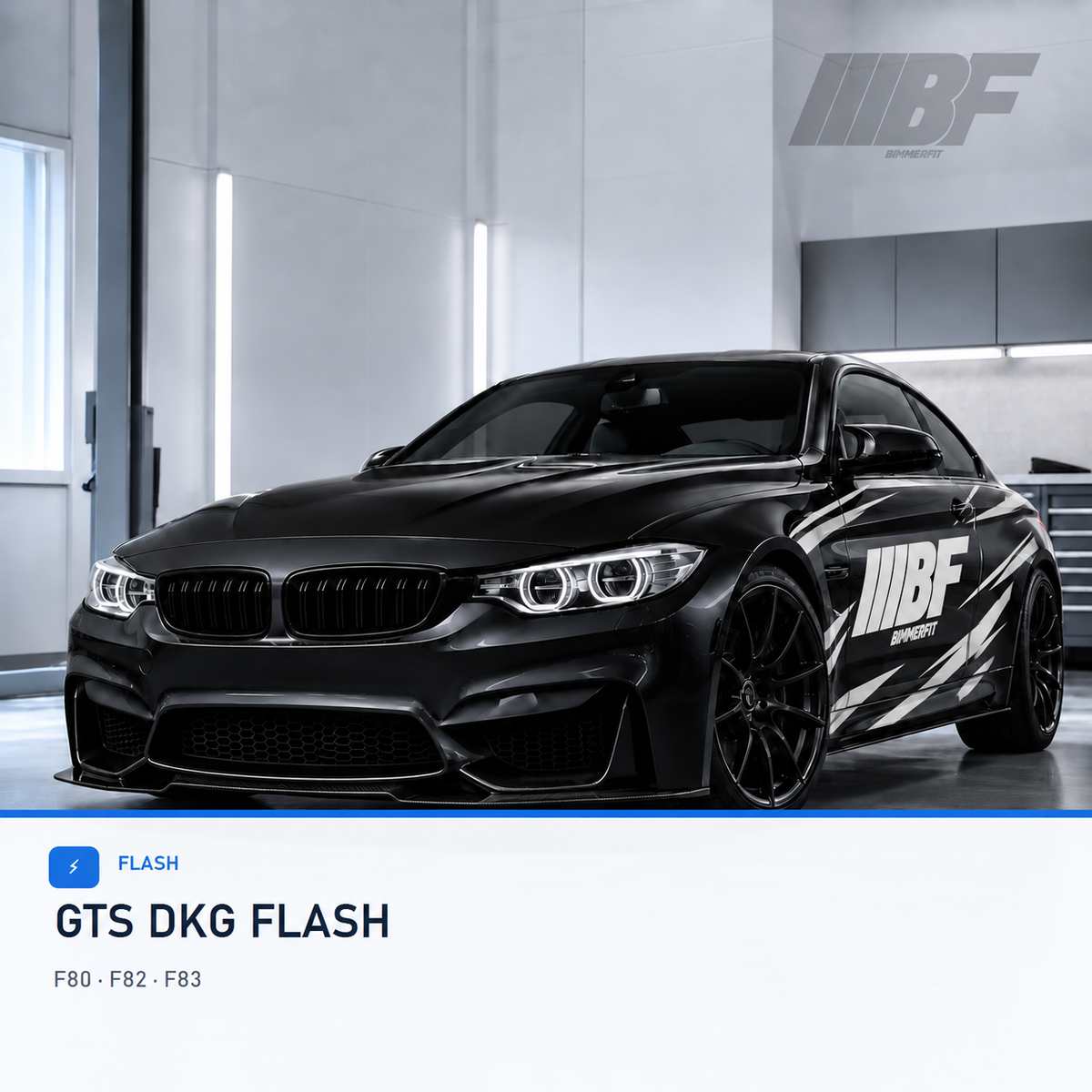 Black BMW M4 F82 in a bright workshop studio with Bimmerfit logo and black-and-white side graphics