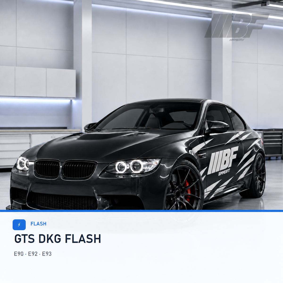 Black BMW M3 E92 in a bright workshop studio with Bimmerfit logo and black-and-white side graphics