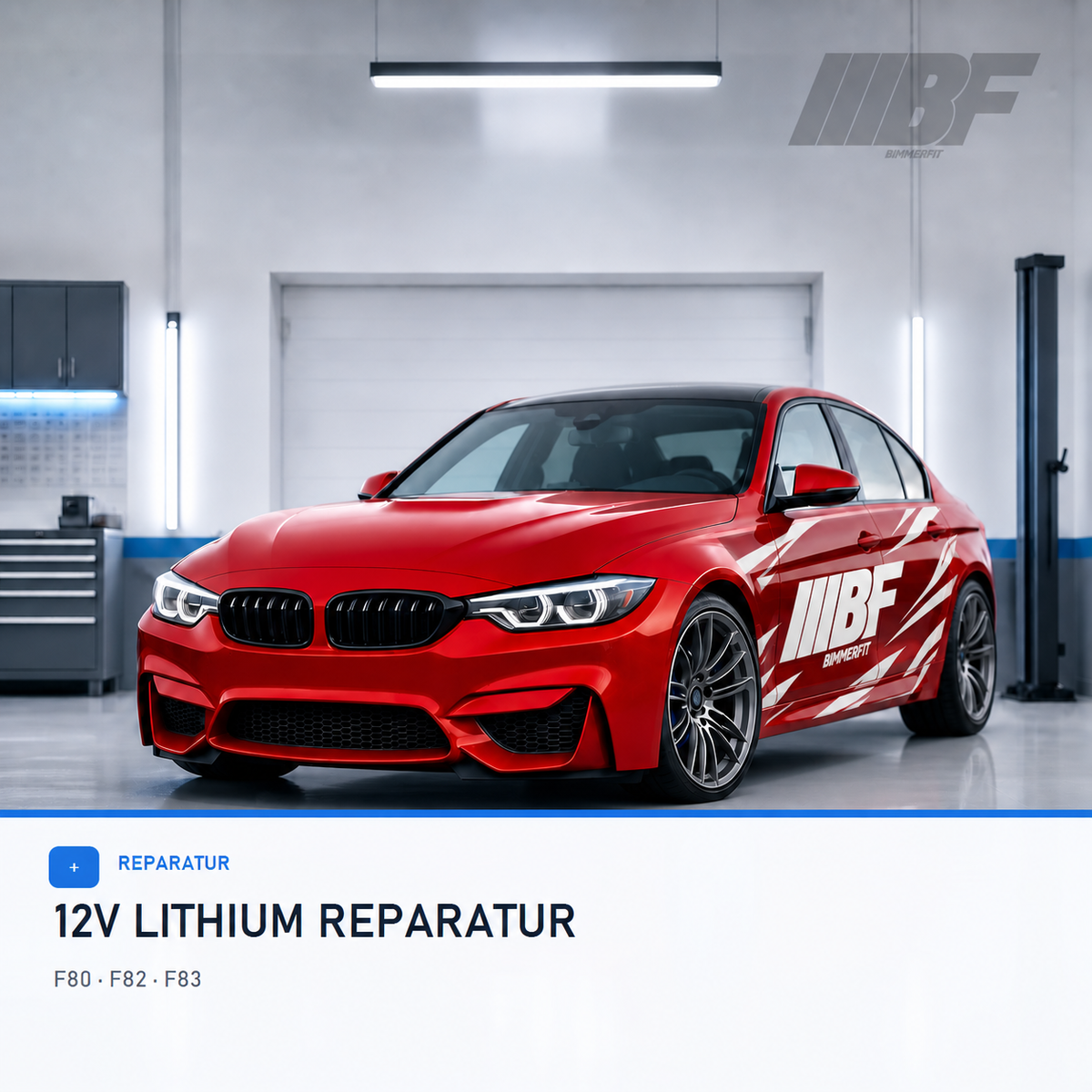 Red BMW M3 F80 in a bright workshop studio with Bimmerfit logo and black-and-white side graphics