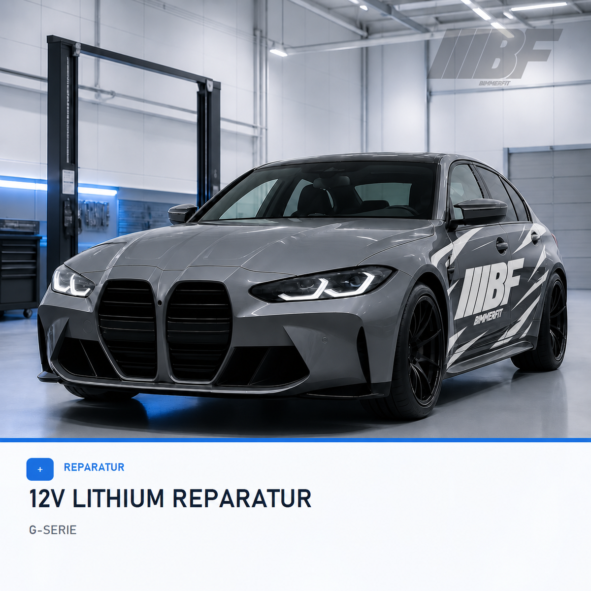 Grey BMW M3 G80 in a bright workshop studio with Bimmerfit logo and black-and-white side graphics