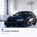 Dark blue F90 with Bimmerfit graphics on the doors for US-import coding