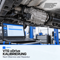 Illustration der Bimmerfit Remote-Kalibrierung eines BMW xDrive-Verteilergetriebes nach Ölservice oder Reparatur: Diagnose-Laptop und generischer Antriebsstrang.