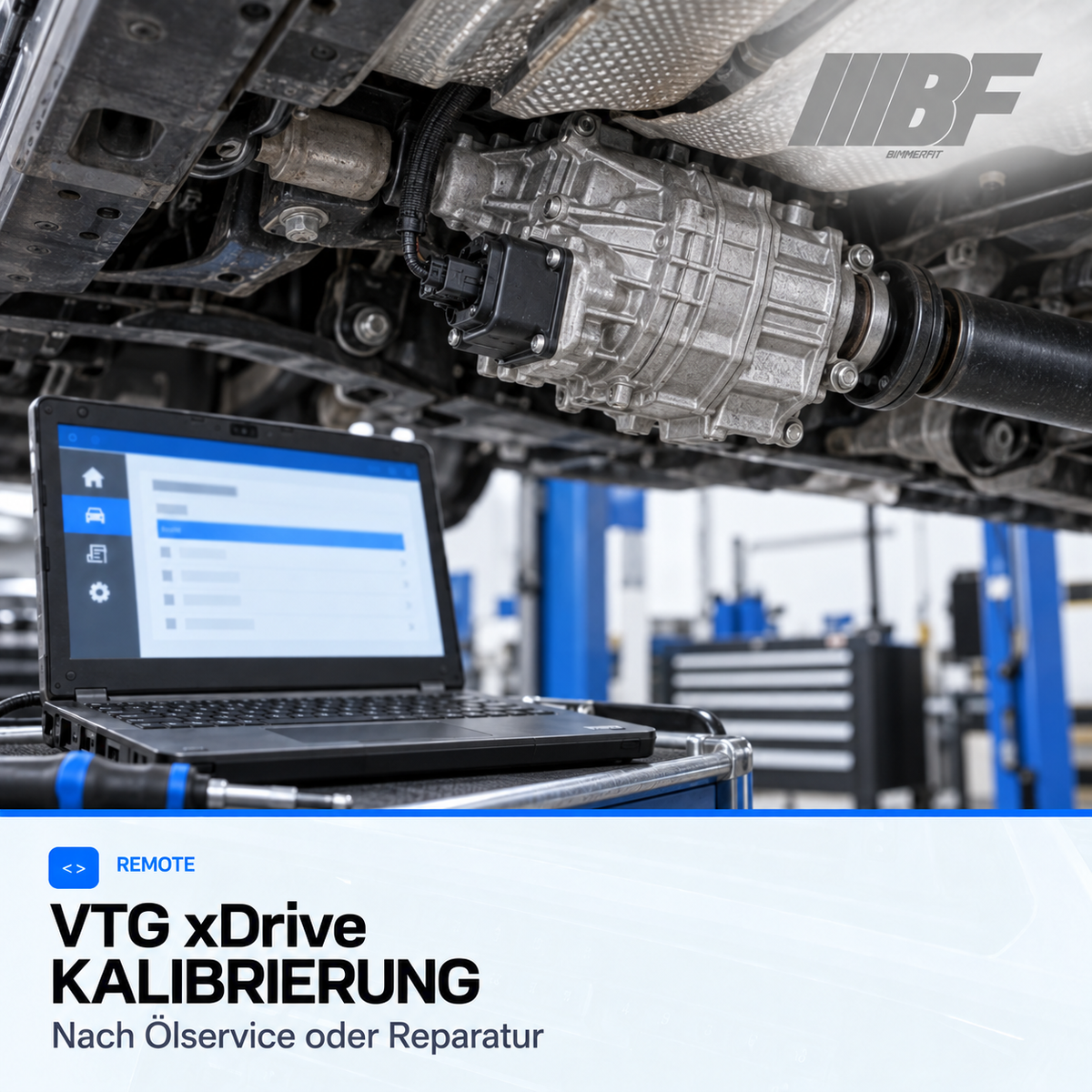 Illustration der Bimmerfit Remote-Kalibrierung eines BMW xDrive-Verteilergetriebes nach Ölservice oder Reparatur: Diagnose-Laptop und generischer Antriebsstrang.